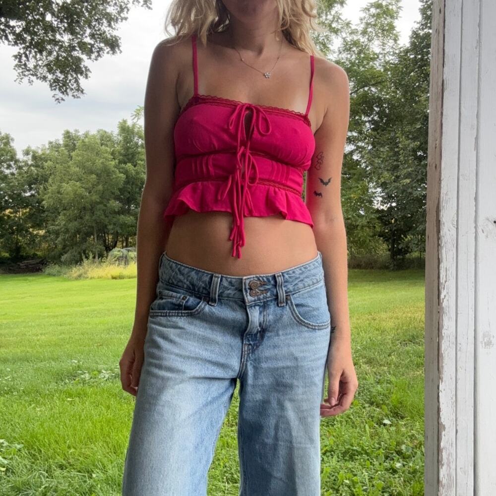 Le Lis Fuchsia Pink Ruched Tie-Front Cami Ruffle Peplum Crop Tank Top Size XS
